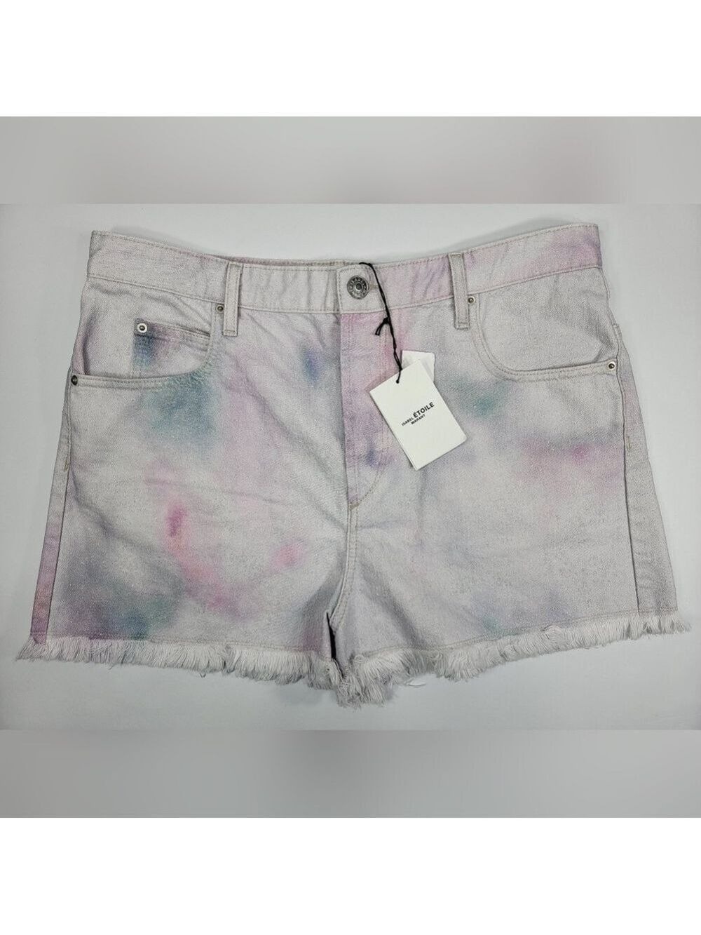 NEW Isabel Marant Etoile Lesiabb Celadon Tie Dye Women Denim Fray Shorts Size 40